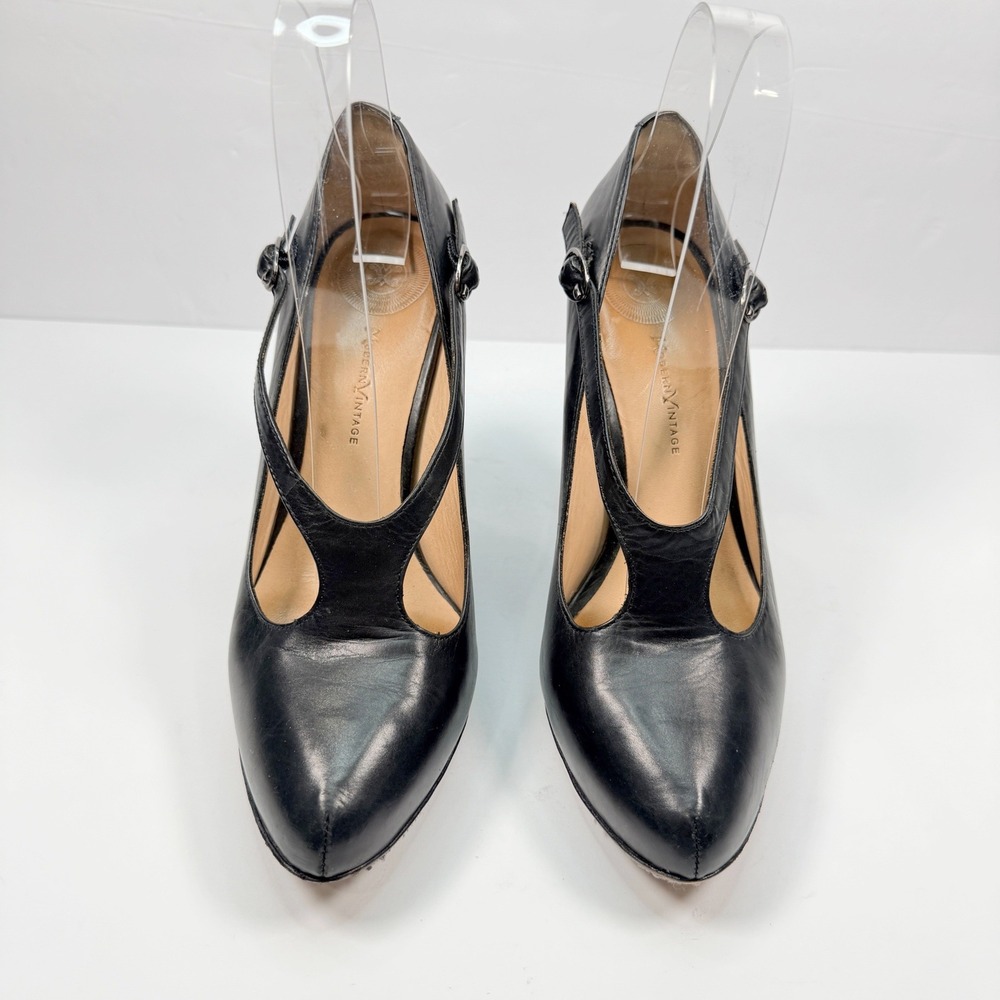Retro Modern Vintage Women 37 Pumps Black Leather T-Strap Buckle Cone Heel Italy
